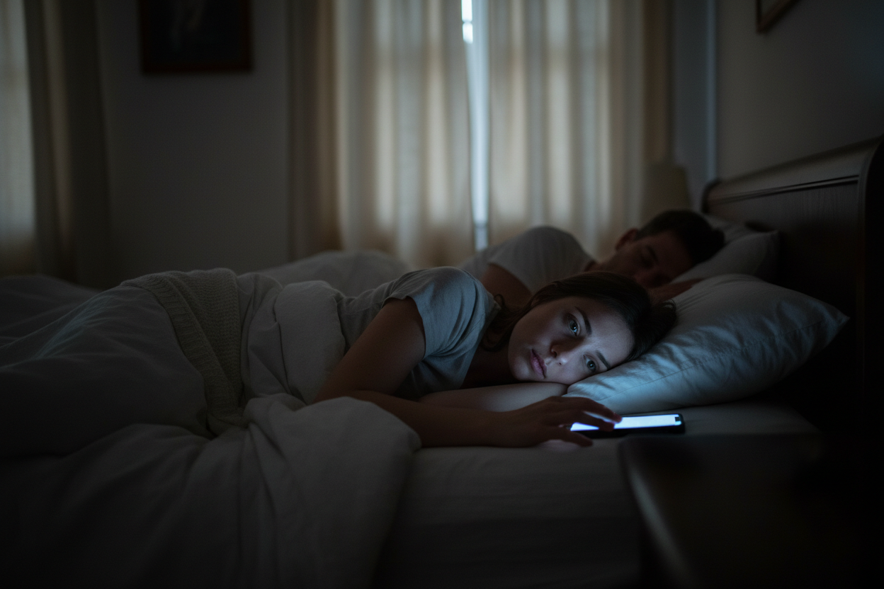 A couple lying in bed in a dimly lit bedroom, with the woman looking at a glowing smartphone while the man rests behind her under white bedding.